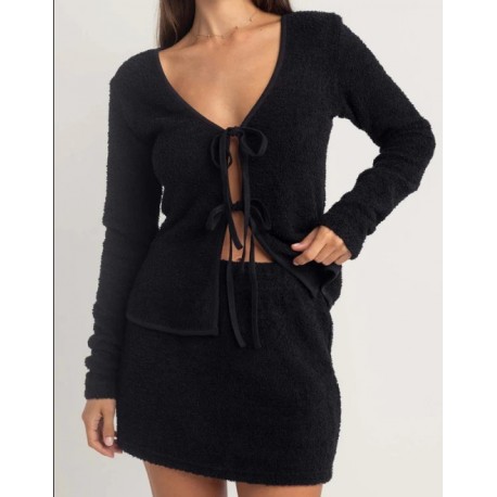 SOFIA BOUCLE LONG SLEEVE TIE FRONT TOP